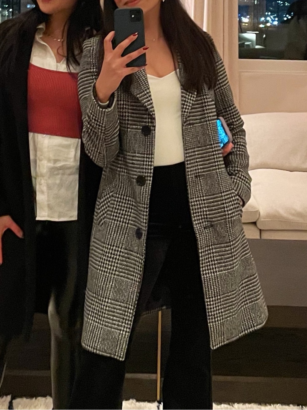 Kendall & Kylie Black and White Glen Plaid Long Blazer Coat